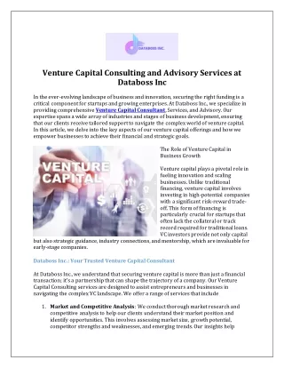 Venture Capital Consulting and Advisory Services at Databoss Inc