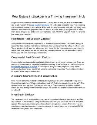 KS Group- Real Estate in Zirakpur is a Thriving Investment Hub