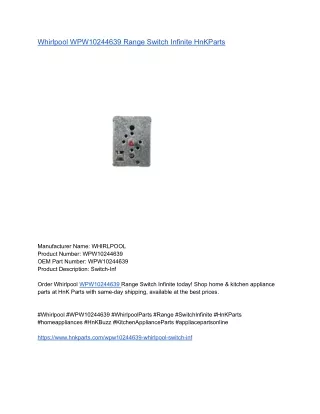Whirlpool WPW10244639 Range Switch Infinite HnKParts