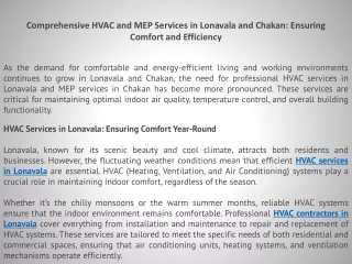 Comprehensive HVAC and MEP Services in Lonavala and Chakan Ensuring Comfort and Efficiency