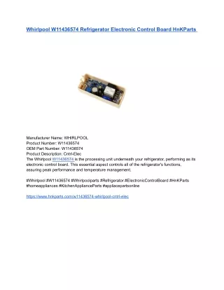 Whirlpool W11436574 Refrigerator Electronic Control Board HnKParts