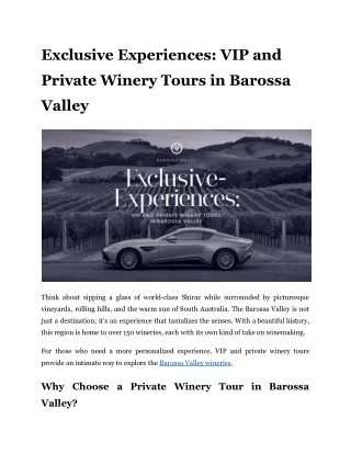 Exclusive Experiences: VIP and Private Winery Tours in Barossa Valley