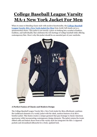 College Baseball League Varsity MA-1 New York Jacket For Men