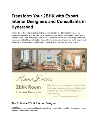 Transform Your 2BHK with Expert Interior Designers and Consultants in Hyderabad
