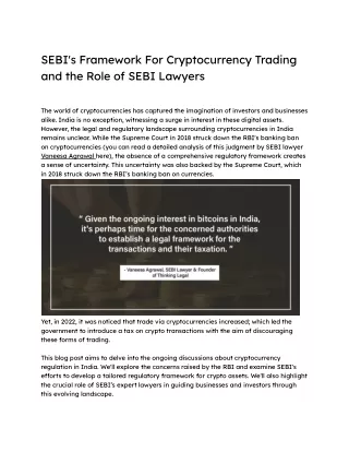 SEBI's Framework For Cryptocurrency Trading and the Role of SEBI Lawyers