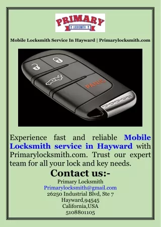 Mobile Locksmith Service In Hayward  Primarylocksmith.com