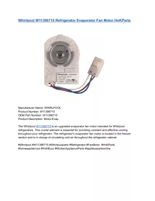 Whirlpool W11396715 Refrigerator Evaporator Fan Motor HnKParts