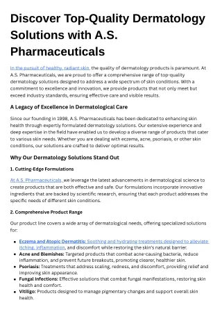 Discover Top-Quality Dermatology Solutions with A.S. Pharmaceuticals