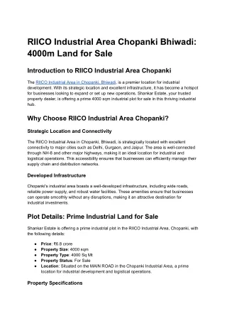 RIICO Industrial Area Chopanki Bhiwadi_ 4000m Land for Sale