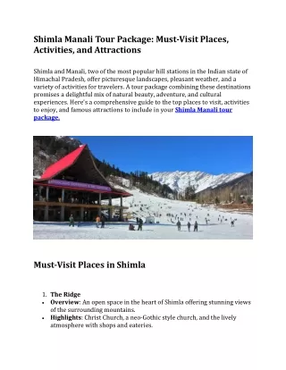 Shimla Manali Tour Package: Must-Visit Places, Activities, and Attractions