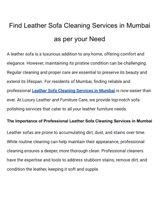 Find Leather Sofa Cleaning Services in Mumbai as per your Need