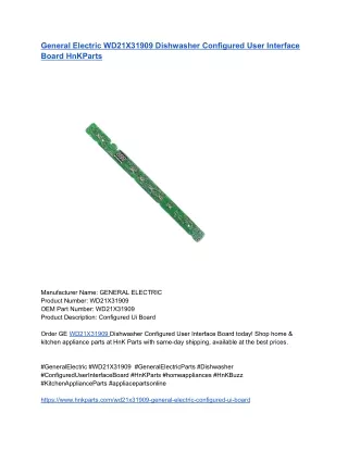 General Electric WD21X31909 Dishwasher Configured User Interface Board HnKParts