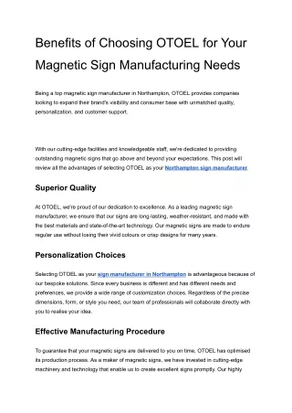 Benefits of Choosing OTOEL for Your Magnetic Sign Manufacturing Needs