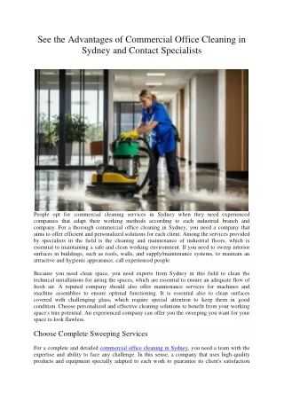 See the Advantages of Commercial Office Cleaning in Sydney and Contact Specialists