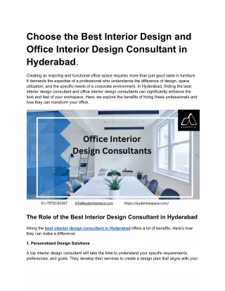 Choose the Best Interior Design and Office Interior Design Consultant in Hyderabad