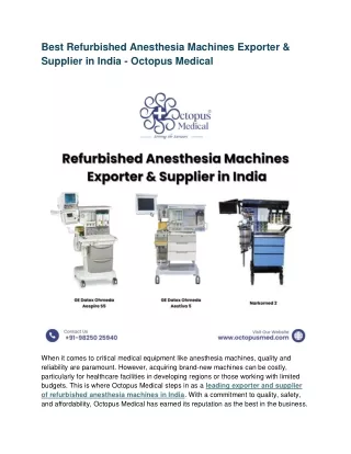 Best Refurbished Anesthesia Machines Exporter & Supplier in India - Octopus Medi