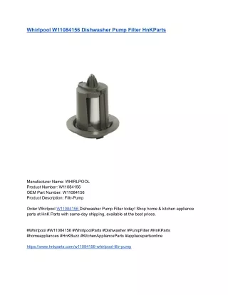 Whirlpool W11084156 Dishwasher Pump Filter HnKParts