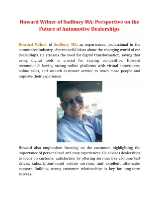 Howard Wilner of Sudbury MA: Perspective on the Future of Automotive Dealerships