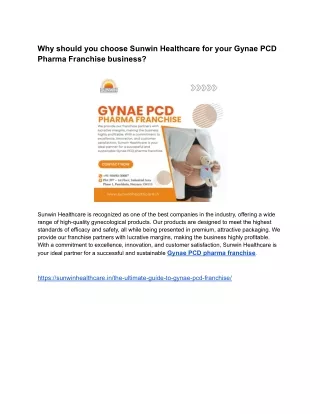 Why should you choose Sunwin Healthcare for your Gynae PCD Pharma Franchise busi