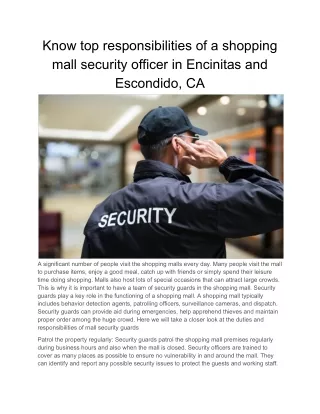 Know top responsibilities of a shopping mall security officer in Encinitas and Escondido, CA