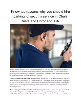 Know top reasons why you should hire parking lot security service in Chula Vista and Coronado, CA