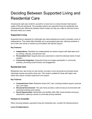 Deciding Between Supported Living and Residential Care