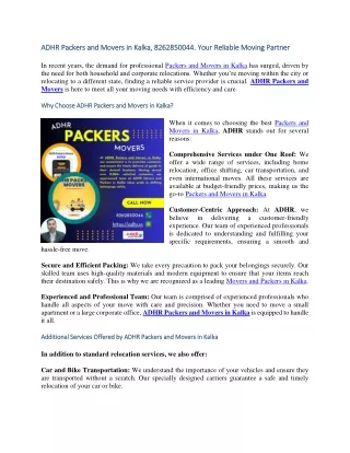 Packers and Movers in Kalka, 8262850044