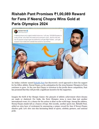 Rishabh Pant Promises ₹1,00,089 Reward for Fans if Neeraj Chopra Wins Gold at Paris Olympics 2024