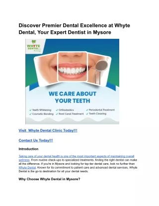 Discover Premier Dental Excellence at Whyte Dental, Your Expert Dentist in Mysore