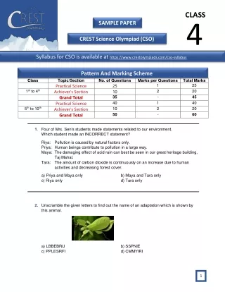 Crest Science Olympiad (CSO) Class 4 Sample Paper