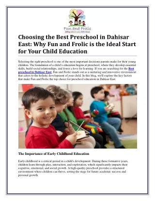 Finding the Best Preschool in Dahisar East: A Guide for Parents