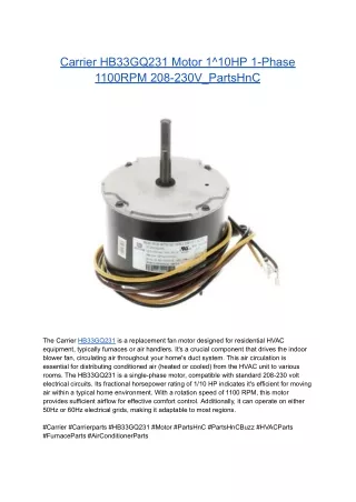 Carrier HB33GQ231 Motor 1^10HP 1-Phase 1100RPM 208-230V_PartsHnC