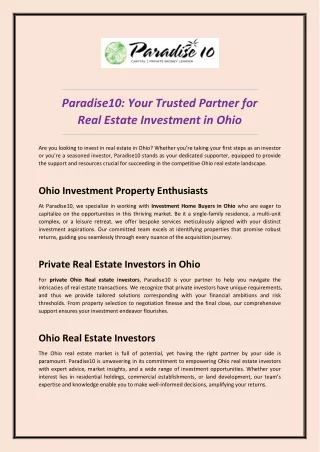 Paradise10: Your Trusted Partner for Real Estate Investment in Ohio