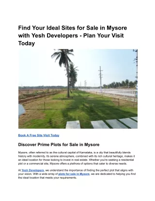 Find Your Ideal Sites for Sale in Mysore with Yesh Developers - Plan Your Visit Today