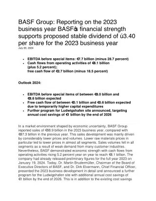 BASF Group Reporting on the 2023 business year BASF’s financial strength supports proposed stable dividend of €3.40 per