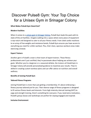 Discover Pulse8 Gym- Your Top Choice for a Unisex Gym in Srinagar Colony