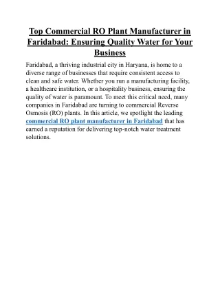 Top Commercial RO Plant Manufacturer in Faridabad - Ensuring Quality Water for Your Business