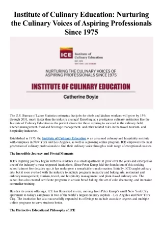 Institute of Culinary Education Nurturing the Culinary Voices of Aspiring Professionals Since