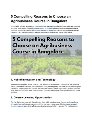 5 Compelling Reasons to Choose an Agribusiness Course in Bangalore
