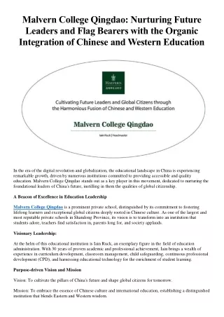 Malvern College Qingdao Nurturing Future Leaders and Flag Bearers with the Organic Integration of Chinese and Western Ed