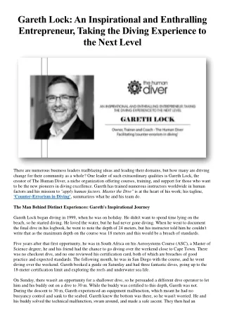 Gareth Lock An Inspirational and Enthralling Entrepreneur, Taking the Diving Experience to the Next Level
