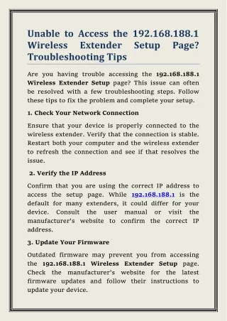 Unable to Access the 192.168.188.1 Wireless Extender Setup Page Troubleshooting Tips