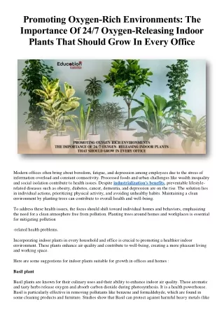 Promoting Oxygen Rich Environments The Importance Of 24-7 Oxygen Releasing Indoor Plants That Should Grow In Every Offic