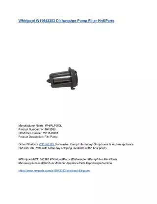 Whirlpool W11643383 Dishwasher Pump Filter HnKParts