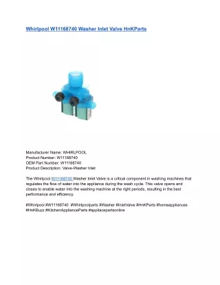 Whirlpool W11168740 Washer Inlet Valve HnKParts