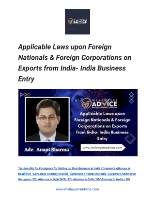 Applicable Laws upon Foreign Nationals & Foreign Corporations on Exports from India- India Business Entry