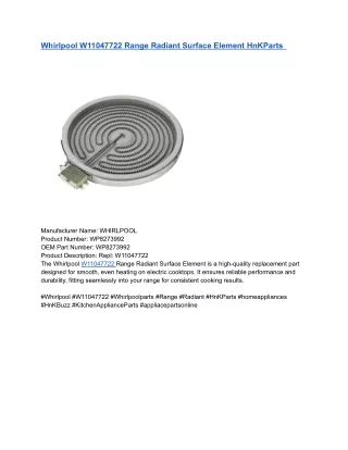 Whirlpool W11047722 Range Radiant Surface Element HnKParts