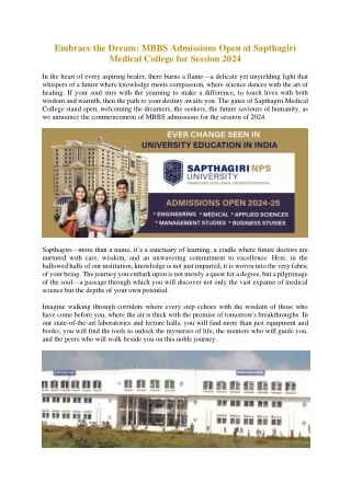 Embrace the Dream MBBS Admissions Open at Sapthagiri Medical College for Session 2024