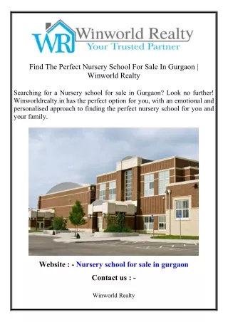 Find The Perfect Nursery School For Sale In Gurgaon  Winworld Realty