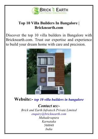 Top 10 Villa Builders In Bangalore | Bricknearth.com